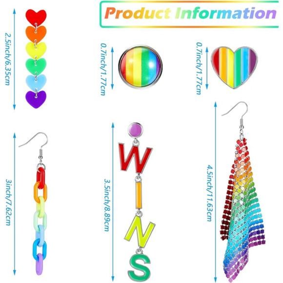 6 Pairs Rainbow Earrings Pride |  Earrings Rainbow - Picture 2 of 8